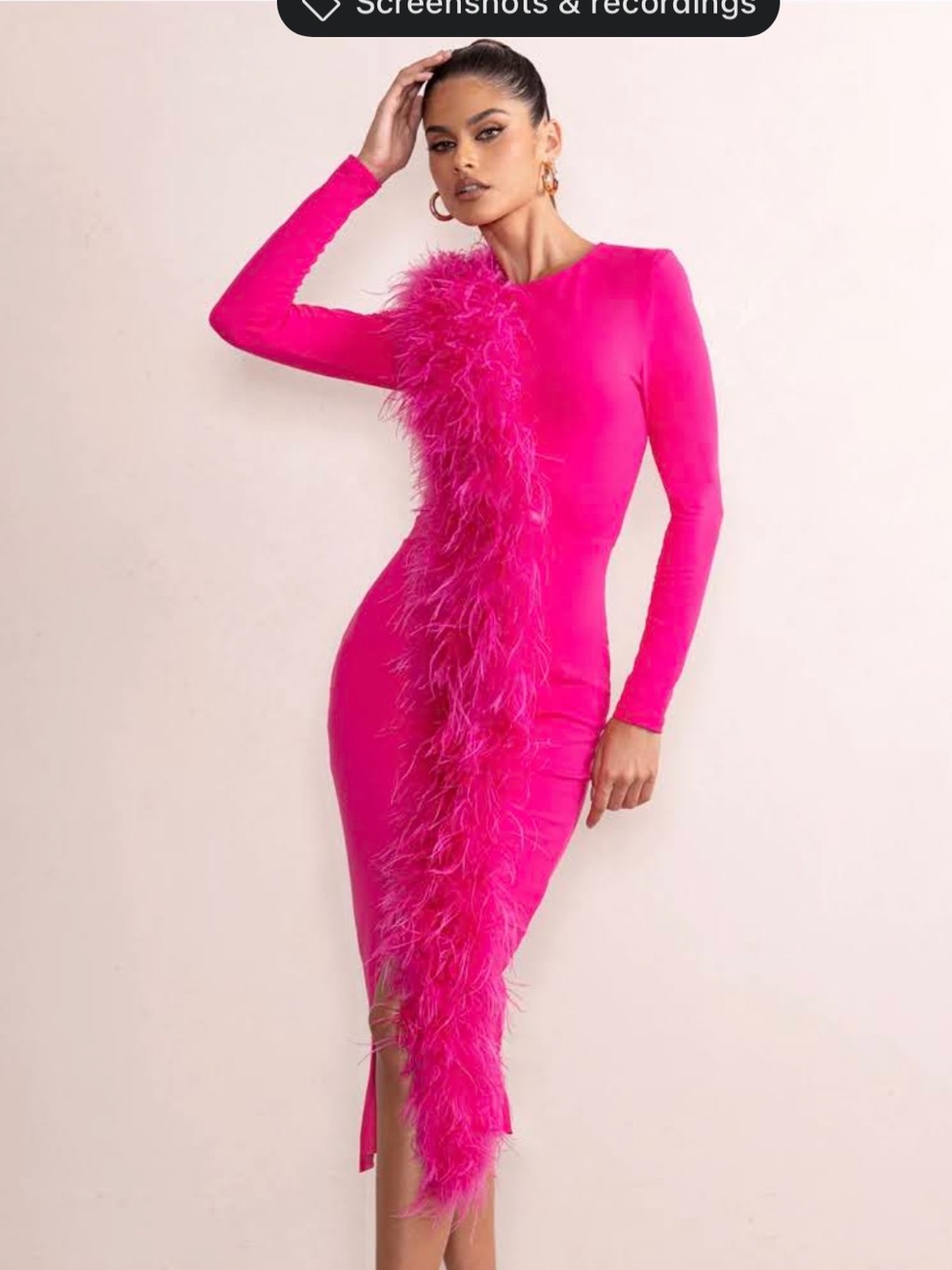 Club L London Hot Pink Feather-Trim Long Sleeve Midi Dress